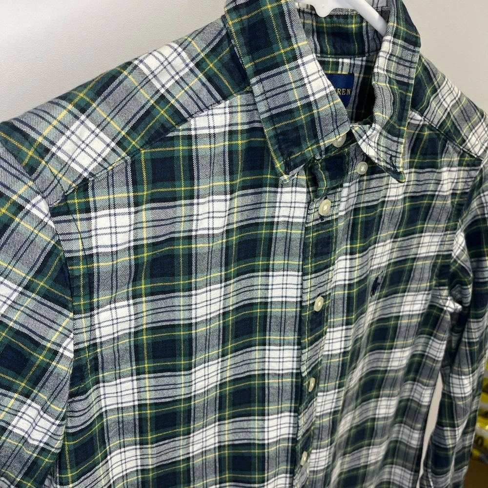 Ralph Lauren Boys Medium Green White Navy Plaid Button Down Shirt